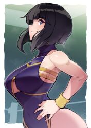 Rule 34 | 1girl, angry, black hair, blue eyes, border, breasts, cleavage, cleavage cutout, clothing cutout, green background, hands on own hips, highres, kupala, large breasts, leotard, looking at viewer, looking to the side, medium breasts, minami toshimi, purple eyes, purple leotard, short hair, solo, white border, wrestle angels, wrestle angels survivor, wrestle angels survivor 2, wrestler, wrestling outfit, wrestling ring