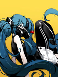 Rule 34 | 1girl, ahoge, armpits, badge, bare shoulders, black shirt, blue eyes, blue hair, bracelet, from side, hand up, hatsune miku, heart, heart necklace, jewelry, long hair, mask, mouth mask, necklace, necktie, oop, respirator, reversible campaign (vocaloid), shirt, sideways glance, sleeveless, sleeveless shirt, vocaloid