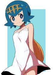 Rule 34 | 1girl, arms behind back, bare shoulders, blue eyes, blue hair, blush, breasts, closed mouth, collarbone, creatures (company), dress, game freak, hair between eyes, hat, holding, holding clothes, holding hat, lana (pokemon), natsunagi takaki, nintendo, pokemon, pokemon sm, short hair, sleeveless, sleeveless dress, small breasts, smile, solo, sun hat, sundress, unworn hat, unworn headwear, white dress