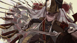 Rule 34 | 1girl, altair (re:creators), blue eyes, chromatic aberration, epaulettes, floating, floating object, floating sword, floating weapon, flower, gauntlets, gloves, gntquan, grin, gun, hair between eyes, hat, highres, holding, jacket, long hair, looking at viewer, metal gloves, military, military hat, military jacket, military uniform, multicolored eyes, multiple swords, ppsh-41, re:creators, red eyes, red flower, red rose, ribbon, ringed eyes, rose, saber (weapon), shako cap, sidelocks, simple background, smile, solo, submachine gun, sword, two-tone eyes, uniform, upper body, very long hair, weapon, white hair, yellow background