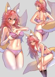 Rule 34 | 1girl, absurdres, animal ear fluff, animal ears, ass, back, bare shoulders, blush, bra, breasts, cleavage, collarbone, commentary, fate/extra, fate (series), fox ears, fox girl, fox tail, highres, kneehighs, large breasts, long hair, looking back, multiple views, navel, open mouth, panties, pink bra, pink hair, pink panties, socks, tail, tamamo (fate), tamamo no mae (fate/extra), thighs, underwear, wisespeak, yellow eyes