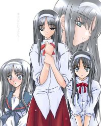 Rule 34 | &gt;:|, 00s, 1girl, :o, :|, black hair, blue eyes, closed mouth, eyebrows, full body, hand on own chest, long hair, multiple views, own hands together, parted lips, school uniform, serafuku, shirt, sidelocks, simple background, sleeves past elbows, teeth, tohno akiha, tsukihime, v-shaped eyebrows, v arms, very long hair, white background, white shirt, zoom layer