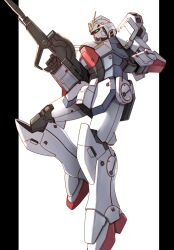 Rule 34 | absurdres, beam rifle, clenched hand, commentary, energy gun, floating, full body, green eyes, gun, gundam, highres, holding, holding gun, holding weapon, mecha, mobile suit, no humans, pillarboxed, robot, science fiction, solo, takahashi masaki, v-fin, v gundam, victory gundam, weapon