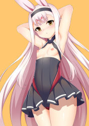 1girl :o animal_ears armpits arms_behind_head azur_lane black_skirt blunt_bangs blush breasts cowboy_shot long_hair looking_at_viewer nipples orange_background pink_hair rabbit_ears shimakaze_(azur_lane) simple_background skirt small_breasts solo toshishikisai very_long_hair yellow_eyes