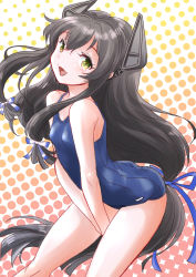 Rule 34 | 1girl, between legs, black hair, blue one-piece swimsuit, breasts, cowboy shot, fuji (pixiv24804665), green eyes, hair between eyes, hair ribbon, headgear, highres, i-47 (kancolle), kantai collection, long hair, looking at viewer, low-tied long hair, one-piece swimsuit, open mouth, polka dot, polka dot background, ribbon, school swimsuit, small breasts, smile, solo, swimsuit, tress ribbon