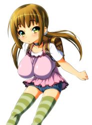 Rule 34 | 1girl, backpack, bag, breasts, brown hair, choker, female focus, huge breasts, miyauchi ai, nekomamire, oppai loli, ponytail, randoseru, simple background, skirt, solo, striped clothes, striped thighhighs, thighhighs, white background, yellow eyes