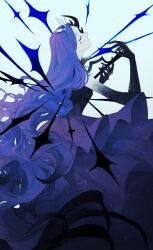 Rule 34 | 1girl, absurdres, blue dress, blue hair, closed eyes, closed mouth, constellation print, dress, gradient skin, highres, knight of despair, lobotomy corporation, long hair, project moon, simple background, solo, stab, sword, very long hair, weapon, white background, wwcinnamon
