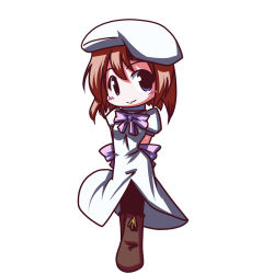 Rule 34 | 00s, 1girl, arms behind back, beret, black pantyhose, blue eyes, blush, boots, bow, brown footwear, brown hair, chibi, closed mouth, dress, fictional sister, full body, hat, higurashi no naku koro ni, knee boots, looking at viewer, pantyhose, puffy short sleeves, puffy sleeves, purple bow, ryuuguu rena, short hair, short sleeves, simple background, smile, solo, standing, tareme, thighhighs, white background, white dress