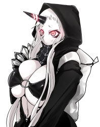 Rule 34 | 1girl, abyssal ship, backpack, bag, breasts, claws, cleavage, cosplay, detached sleeves, hood, hoodie, horns, huge breasts, jariinu (gomasionori), kantai collection, long hair, monochrome, o-ring, o-ring top, re-class battleship, re-class battleship (cosplay), red eyes, scarf, seaport princess, simple background, single horn, solo, spot color, underboob, undersized clothes, very long hair, white hair, zipper
