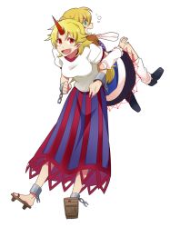 Rule 34 | 2girls, 6 (yuchae), arm warmers, blonde hair, cuffs, fang, green eyes, horns, hoshiguma yuugi, locked arms, mizuhashi parsee, multiple girls, open mouth, pointy ears, red eyes, shackles, shirt, simple background, single horn, skirt, smile, touhou, white background