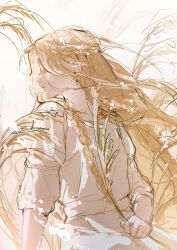 Rule 34 | 1girl, blonde hair, braid, character request, closed mouth, cowboy shot, cuso4 suiwabutu, elden ring, facing to the side, highres, long hair, long sleeves, messy hair, profile, shirt, sketch, solo, white background, white shirt