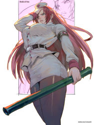 Rule 34 | 1girl, absurdres, black pantyhose, breasts, closed mouth, commission, commissioner upload, copyright request, green eyes, highres, large breasts, long hair, military, military uniform, mixed-language commentary, nurse, pantyhose, red hair, rejean dubois, solo, standing, uniform, weapon