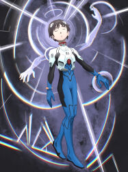 Rule 34 | 1boy, blue bodysuit, bodysuit, closed eyes, expressionless, full body, glowing, highres, ikari shinji, male focus, mecha pilot suit, neon genesis evangelion, pilot suit, plugsuit, procreate (medium), solo, two-tone bodysuit, white bodysuit, zero ordered1