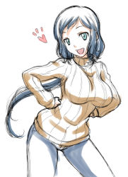 Rule 34 | 10s, 1girl, bad id, bad pixiv id, blue hair, denim, gundam, gundam build fighters, hands on own hips, heart, iori rinko, jeans, long hair, looking at viewer, mature female, onizuka takuto, open mouth, pants, ponytail, ribbed sweater, simple background, sketch, smile, solo, sweater, turtleneck, white background