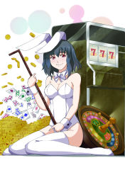 Rule 34 | 1girl, absurdres, animal ears, black hair, bow, bowtie, breasts, card, cleavage, coin, fake animal ears, floating card, female focus, full body, highres, leotard, original, playboy bunny, rabbit ears, reon (saikyou), roulette, short hair, sitting, slot machine, smile, solo, thighhighs, wariza, white background, white thighhighs, wrist cuffs