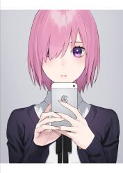 Rule 34 | 1girl, chaldea logo, fate/grand order, fate (series), highres, mash kyrielight, nakuta, one eye covered, phone, pink hair, purple eyes, short hair, solo, straight-on, upper body