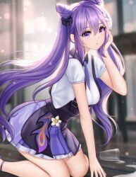 Rule 34 | 1girl, alternate costume, black bow, bow, breasts, commentary, cone hair bun, english commentary, genshin impact, gigamessy, hair bow, hair bun, hand up, highres, indoors, keqing (genshin impact), kneeling, long hair, looking at viewer, medium breasts, miniskirt, purple eyes, purple hair, purple skirt, shirt, short sleeves, skirt, solo, twintails, very long hair, white shirt