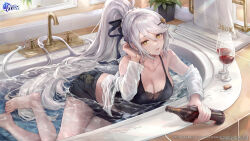 Rule 34 | 1girl, absurdres, azur lane, bare legs, barefoot, bathtub, bibimbub, black bra, black ribbon, black shorts, bottle, bra, braid, breasts, cleavage, copyright name, cork, cup, drinking glass, expressionless, faucet, feet, foot out of frame, glint, grey hair, hair between eyes, hair ornament, hair ribbon, hairclip, halterneck, hand in own hair, highres, holding, holding bottle, kirov (azur lane), kirov (blend r) (azur lane), lace, lace-trimmed bra, lace trim, large breasts, legs, logo, long hair, looking at viewer, midriff, milestone celebration, off shoulder, official alternate costume, official art, open clothes, open shirt, parted lips, partially submerged, ponytail, red wine, ribbon, see-through, shirt, short shorts, shorts, solo, swept bangs, toes, towel, towel rack, underwear, very long hair, water, watermark, wet, wet clothes, wet shirt, white shirt, wine bottle, wine glass, yellow eyes