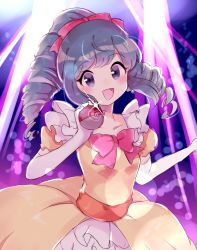 Rule 34 | 1girl, alternate hairstyle, bad id, bad pixiv id, blue eyes, blue hair, blush, bow, commentary request, creatures (company), dawn (pokemon), dress, elbow gloves, game freak, glint, gloves, hair ribbon, hair up, hand up, highres, holding, holding poke ball, kawao9, long dress, long hair, nintendo, open mouth, pink bow, pink ribbon, poke ball, pokemon, pokemon dppt, ribbon, simple background, smile, solo, standing, white gloves, yellow dress