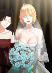 Rule 34 | 2girls, ahoge, alternate costume, artoria pendragon (all), artoria pendragon (fate), blonde hair, blue eyes, blue flower, blue rose, bouquet, breasts, bridal veil, bridesmaid, cleavage, dress, elbow gloves, closed eyes, fate/stay night, fate (series), flower, gloves, highres, lace, multiple girls, nao (530116504), red dress, ribbon, rose, saber (fate), smile, teeth, tohsaka rin, veil, wedding dress