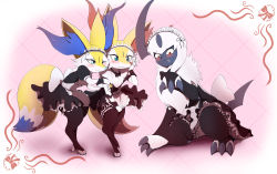 Rule 34 | 2girls, absol, alternate color, alternate costume, alternate eye color, alternate shiny pokemon, animal ear fluff, animal ears, animal hands, animal nose, apron, artist name, back bow, bad deviantart id, bad id, black dress, black gloves, black legwear, black neckwear, blue eyes, blush, body fur, bow, bowtie, braixen, bridal garter, bridal gauntlets, claws, clenched teeth, closed mouth, clothed pokemon, constricted pupils, creatures (company), dated, detached collar, dress, dress tug, elbow gloves, embarrassed, enmaided, eryz, female focus, fingerless gloves, flat chest, fox ears, fox girl, fox tail, frilled dress, frills, full body, furry, furry female, game freak, gen 3 pokemon, gen 6 pokemon, gloves, hand on own cheek, hand on own face, hand up, happy, highres, holding another&#039;s arm, leaning forward, looking down, maid, maid apron, maid headdress, multiple girls, nervous, nintendo, off shoulder, one eye closed, pink background, pokemon, pokemon (creature), puffy short sleeves, puffy sleeves, red eyes, short hair, short sleeves, sideways mouth, signature, sitting, sleeveless, sleeveless dress, smile, snout, standing, strap slip, tail, teeth, thighhighs, toeless legwear, two-tone fur, wavy mouth, white fur, white hair, wrist cuffs, yellow fur
