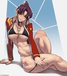 Rule 34 | 1girl, absurdres, adjusting hair, alternate breast size, arm support, artist name, bare arms, bikini, bikini under clothes, breasts, cleavage, curvy, earrings, female focus, high ponytail, highres, jacket, jewelry, katsuragi misato, large breasts, lip biting, long hair, long sleeves, naughty face, navel, neon genesis evangelion, open mouth, orange eyes, patreon logo, patreon username, pendant, ponytail, purple bikini, purple hair, red jacket, scar, scar on chest, sitting, smile, solo, stomach, stopu, swimsuit, thong, thong bikini, underboob, undressing, wide hips