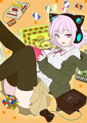 Rule 34 | 1girl, animal ear headphones, animal ears, ass, black thighhighs, breasts, brown jacket, brown skirt, brown thighhighs, cartridge, cat ear headphones, cat ears, collared shirt, commentary request, cube, danganronpa (series), danganronpa 2: goodbye despair, eitoman, fake animal ears, game console, hair ribbon, handheld game console, headphones, holding, holding handheld game console, jacket, legs up, long sleeves, looking at viewer, medium breasts, medium hair, miniskirt, nanami chiaki, open mouth, pink eyes, pink hair, pink ribbon, pleated skirt, ribbon, rubik&#039;s cube, shirt, skirt, sleeves past wrists, solo, teeth, thighhighs, two-tone shirt, uno (game), upper teeth only