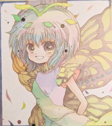Rule 34 | 1girl, antennae, aqua hair, butterfly wings, dress, eternity larva, fairy, green dress, hair between eyes, insect wings, leaf, leaf on head, multicolored clothes, multicolored dress, nishina masato, open mouth, short hair, short sleeves, single strap, smile, solo, touhou, traditional media, upper body, wings, yellow eyes