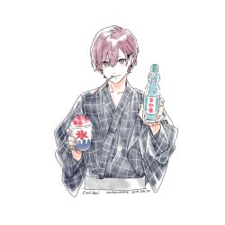Rule 34 | 1boy, absurdres, artist name, bottle, closed mouth, cool doji danshi, cup, dated, fingernails, food, highres, holding, holding bottle, holding cup, japanese clothes, kimono, looking at viewer, male focus, nata kokone, ramune, red eyes, red hair, shaved ice, shiki souma, short hair, simple background, solo, upper body, white background, yukata