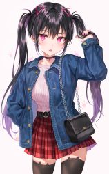 Rule 34 | 1girl, absurdres, bag, belt, black thighhighs, blue jacket, choker, cowboy shot, denim, denim jacket, earrings, fang, hand in pocket, hand up, highres, holding, holding own hair, huge filesize, jacket, jewelry, long hair, long sleeves, looking at viewer, miniskirt, nail polish, open clothes, open jacket, original, parted lips, pink eyes, pink shirt, plaid, plaid skirt, pleated skirt, red skirt, ribbed shirt, school uniform, shirt, shirt tucked in, shoulder bag, sidelocks, skirt, solo, standing, thighhighs, tokkyu, twintails, very long hair, zettai ryouiki