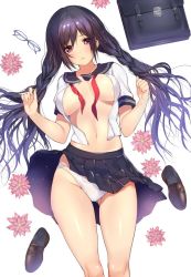 Rule 34 | 1girl, bad id, bad twitter id, bag, black hair, blush, braid, breasts, cleavage, commentary request, unworn eyewear, glasses, large breasts, loafers, long hair, looking at viewer, mataro (matarou), navel, neckerchief, no bra, open clothes, original, panties, pantyshot, parted lips, pleated skirt, red eyes, school bag, school uniform, serafuku, shoes, unworn shoes, simple background, skirt, solo, thighs, twin braids, underwear, upskirt, white background, white panties