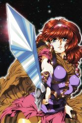 Rule 34 | 1girl, alisa landeel, belt, breasts, brown hair, cape, cowboy shot, expressionless, green eyes, hairband, holding, holding sword, holding weapon, lips, lipstick, looking at viewer, makeup, parted lips, phantasy star, phantasy star i, sega, sheath, simple background, solo, space, star (sky), sword, teeth, unsheathed, weapon