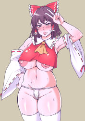 Rule 34 | 1girl, arm up, armpits, bare shoulders, blush, breasts, brown eyes, brown hair, commentary request, curvy, detached sleeves, female pubic hair, fundoshi, grey background, hair ribbon, hakurei reimu, highres, japanese clothes, large areolae, large breasts, long sleeves, looking at viewer, nipple slip, nipples, pubic hair, red vest, ribbon, shiraue yuu, simple background, solo, standing, sweat, thick thighs, thighs, touhou, vest, wide sleeves