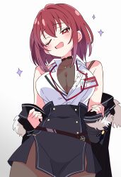 Rule 34 | 1girl, absurdres, blush, breasts, cleavage, dot nose, fang, highres, hololive, houshou marine, houshou marine (businesswoman), hutaba haru, name tag, one eye closed, open mouth, red eyes, red hair, skin fang, solo, virtual youtuber, white background