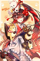 Rule 34 | 1girl, ;p, animal, animal ears, animal on head, blush, bow, brown hair, carrying, carrying under arm, cowboy shot, dog, dog ears, dog on head, dog tail, elbow gloves, fate/grand order, fate (series), flower, gloves, hair between eyes, hair flower, hair ornament, highres, holding, holding animal, japanese clothes, kimono, kyokutei bakin (fate), kyokutei bakin (first ascension) (fate), long hair, looking at viewer, multicolored clothes, multicolored hair, on head, one eye closed, patterned background, paw print, ponytail, purple kimono, red eyes, red hair, red kimono, rope, sash, sidelocks, smile, solo, star (symbol), swept bangs, symbol-shaped pupils, tail, tongue, tongue out, twitter username, waist bow, yui (tamagohan)