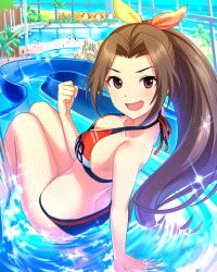 Rule 34 | 10s, 1girl, aino nagisa, artist request, bikini, blue bikini, bow, breasts, brown hair, card (medium), cleavage, collarbone, hair bow, idolmaster, idolmaster cinderella girls, long hair, looking at viewer, mismatched bikini, multicolored bikini, multicolored clothes, official art, open mouth, palm tree, partially submerged, ponytail, pool, purple eyes, smile, solo, sweatdrop, swimsuit, tree, water slide