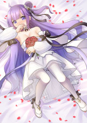 Rule 34 | 1girl, anklet, armpits, azur lane, bare shoulders, bed sheet, blunt bangs, blush, bouquet, bow, breasts, choker, cleavage, collarbone, commentary request, covering own mouth, detached sleeves, dress, eyes visible through hair, flower, frilled choker, frills, full body, hair bow, hair bun, hair ribbon, high heels, highres, jewelry, long hair, looking at viewer, lying, mirun (funimani), off-shoulder dress, off shoulder, official alternate costume, one side up, pantyhose, petals, purple eyes, purple hair, red flower, red rose, ribbon, rose, side bun, sidelocks, single hair bun, single side bun, solo, strapless, strapless dress, unicorn (a dream of pure vows) (azur lane), unicorn (azur lane), wedding dress, white dress, white footwear, white pantyhose