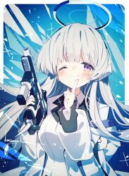 Rule 34 | 1girl, artist name, blue archive, blue background, blue necktie, blunt bangs, blush, border, closed mouth, coat, collared shirt, commentary request, finger to mouth, gun, halo, handgun, hands up, headgear, highres, holding, holding gun, holding weapon, index finger raised, jacket, kasuga haruhi, lapels, light particles, long hair, long sleeves, looking at viewer, mechanical halo, necktie, noa (blue archive), off shoulder, one eye closed, open clothes, open jacket, puffy long sleeves, puffy sleeves, purple eyes, shirt, sig sauer p320, smile, solo, twitter username, upper body, very long hair, weapon, white border, white coat, white hair, white halo, white jacket, white shirt