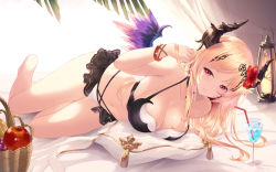 Rule 34 | 1girl, apple, barefoot, basket, bikini, blonde hair, breasts, cait aron, collarbone, commentary request, cup, dark angel olivia, drinking glass, drinking straw, flower, food, fruit, granblue fantasy, hair flower, hair ornament, highres, horns, lamp, large breasts, long hair, looking at viewer, lying, navel, olivia (summer) (granblue fantasy), red eyes, solo, swimsuit, wings