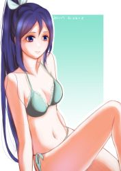 Rule 34 | 1girl, artist name, artist request, bare legs, bikini, blue hair, blush, bow, breasts, cleavage, collarbone, female focus, green bikini, hair between eyes, hair bow, high ponytail, knee up, long hair, looking at viewer, love live!, love live! sunshine!!, matsuura kanan, parted lips, ponytail, purple eyes, side-tie bikini bottom, sitting, small breasts, smile, solo, swimsuit, white bow