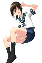 Rule 34 | 1girl, black hair, blue neckerchief, blue sailor collar, blue skirt, commentary request, fubuki (kancolle), full body, green eyes, highres, invisible chair, kantai collection, katsuobushi (eba games), long hair, looking at viewer, low ponytail, neckerchief, pleated skirt, ponytail, sailor collar, school uniform, serafuku, short ponytail, sidelocks, simple background, sitting, skirt, solo, white background