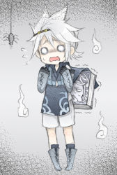 Rule 34 | 1boy, book, bug, chibi, gloves, grimoire weiss, hair ornament, jewelry, long sleeves, male focus, necklace, nier, nier (series), nier (young), open mouth, pigeon-toed, scared, shinzui (fantasysky7), shorts, spider, sweatdrop, tabard, white hair