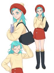 Rule 34 | 1girl, absurdres, aged up, bag, blue eyes, blue hair, book, boots, bra (dragon ball), commentary, dragon ball, dragon ball super, english commentary, frown, genniax, hair ornament, hairclip, hand on own hip, handbag, hat, highres, holding, holding book, knee boots, miniskirt, multiple views, skirt, smile, sweater, tam o&#039; shanter, turtleneck, turtleneck sweater, v-shaped eyebrows
