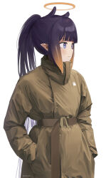 Rule 34 | 1girl, alternate costume, belt, blue eyes, blunt bangs, brown belt, brown coat, closed mouth, coat, commentary, english commentary, from side, gradient hair, halo, hands in pockets, high belt, highres, hololive, hololive english, long hair, long sleeves, mole, mole under eye, multicolored hair, ninomae ina&#039;nis, orange hair, pointy ears, ponytail, purple hair, seistfu, sidelocks, simple background, solo, standing, takodachi (ninomae ina&#039;nis), tentacle hair, twitter username, two-tone hair, virtual youtuber, white background