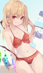 Rule 34 | 1girl, absurdres, arm support, bare arms, bare legs, bare shoulders, bikini, blonde hair, blush, crystal, fingernails, flandre scarlet, hair between eyes, highres, long hair, nail polish, navel, one side up, open mouth, r utchi, red bikini, red eyes, red nails, smile, solo, swimsuit, touhou, wings