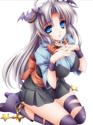 Rule 34 | 1girl, bat (animal), blue hair, blush, boots, breasts, dress, highres, kneeling, large breasts, long hair, looking at viewer, monety, open mouth, original, own hands together, silver hair, solo, star (symbol)