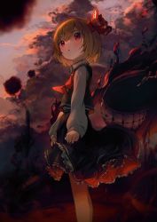 Rule 34 | 1girl, black skirt, bow, cloud, collared shirt, dd9, frilled skirt, frills, from side, hair bow, highres, long hair, looking up, medium hair, monster, necktie, orange hair, parted lips, red bow, red shirt, rumia, shirt, sidelocks, skirt, sky, solo, standing, thighs, touhou, twilight, wrist cuffs
