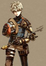 Rule 34 | 1boy, aya nuaakoo, brown background, cyborg, genos, hat, holding, looking at viewer, male focus, one-punch man, short hair, simple background, solo