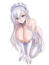 Rule 34 | 1girl, absurdres, all fours, azur lane, belfast (azur lane), blue eyes, blush, braid, breasts, broken, broken chain, chain, collar, collarbone, elbow gloves, french braid, glasses, gloves, grin, highres, kogarasu1st, large breasts, long hair, looking at viewer, maid headdress, nipples, nude, smile, solo, thighhighs, thighs, white background, white gloves, white hair, white thighhighs