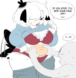 Rule 34 | 1boy, 1girl, angry, artist request, belly, belly grab, black eyes, blush, bra, breasts, clothes pull, copyright request, curvy, floral print, fluffy, furry, furry female, gaboy, highres, hood, hoodie, jacket, large breasts, navel, open mouth, panties, pants, pants pull, pepper (puppkittyfan1), plump, rose print, short tail, sketchy, speech bubble, stomach, sweat, tail, tail wagging, underwear, white background, white hair, wide hips